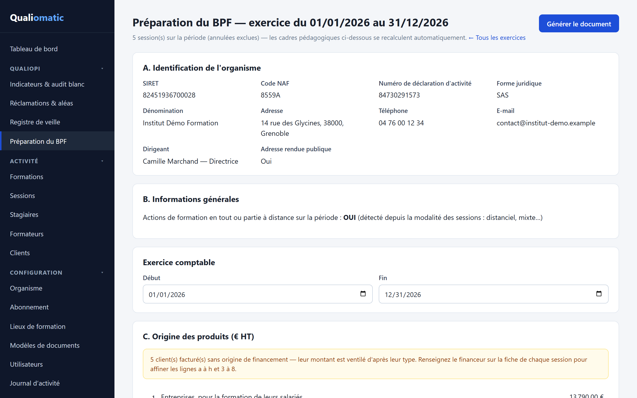 Bilan pédagogique et financier prérempli, présenté comme le cerfa