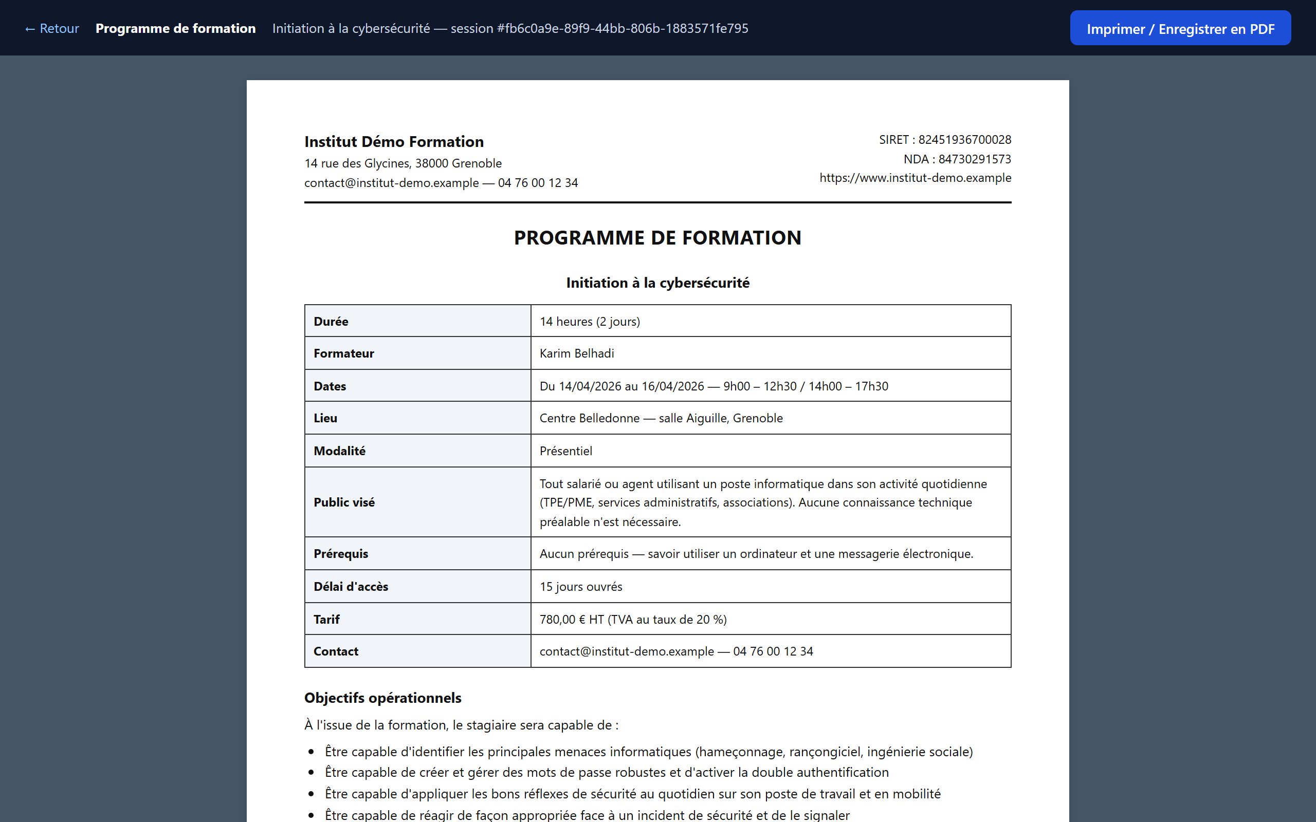 Programme de formation généré, prêt à imprimer