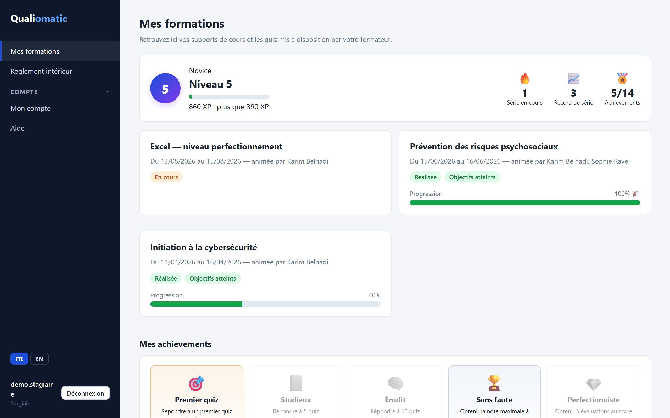 Espace stagiaire : formations, progression et badges