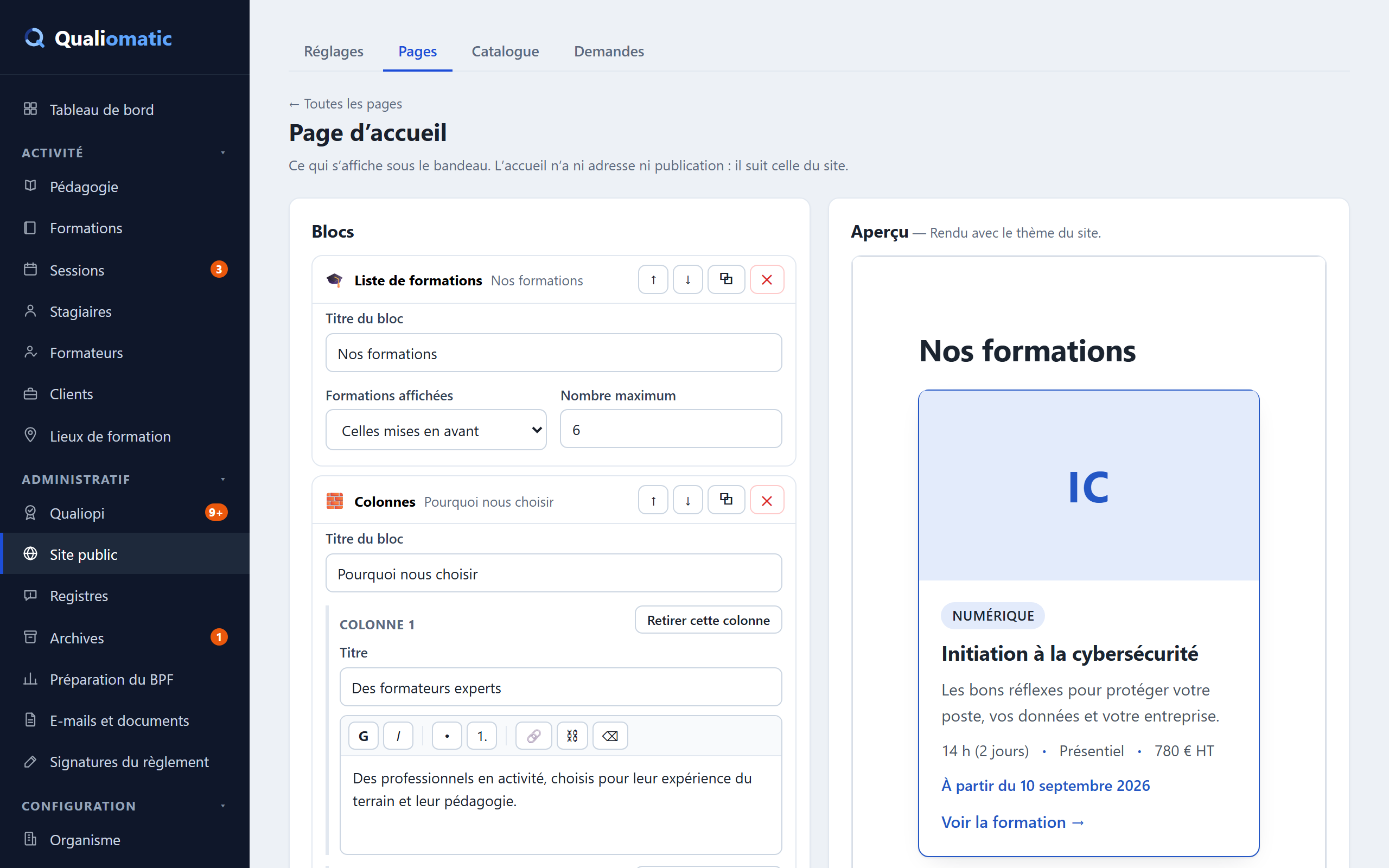 Éditeur de blocs d’une page du site public, avec son aperçu fidèle