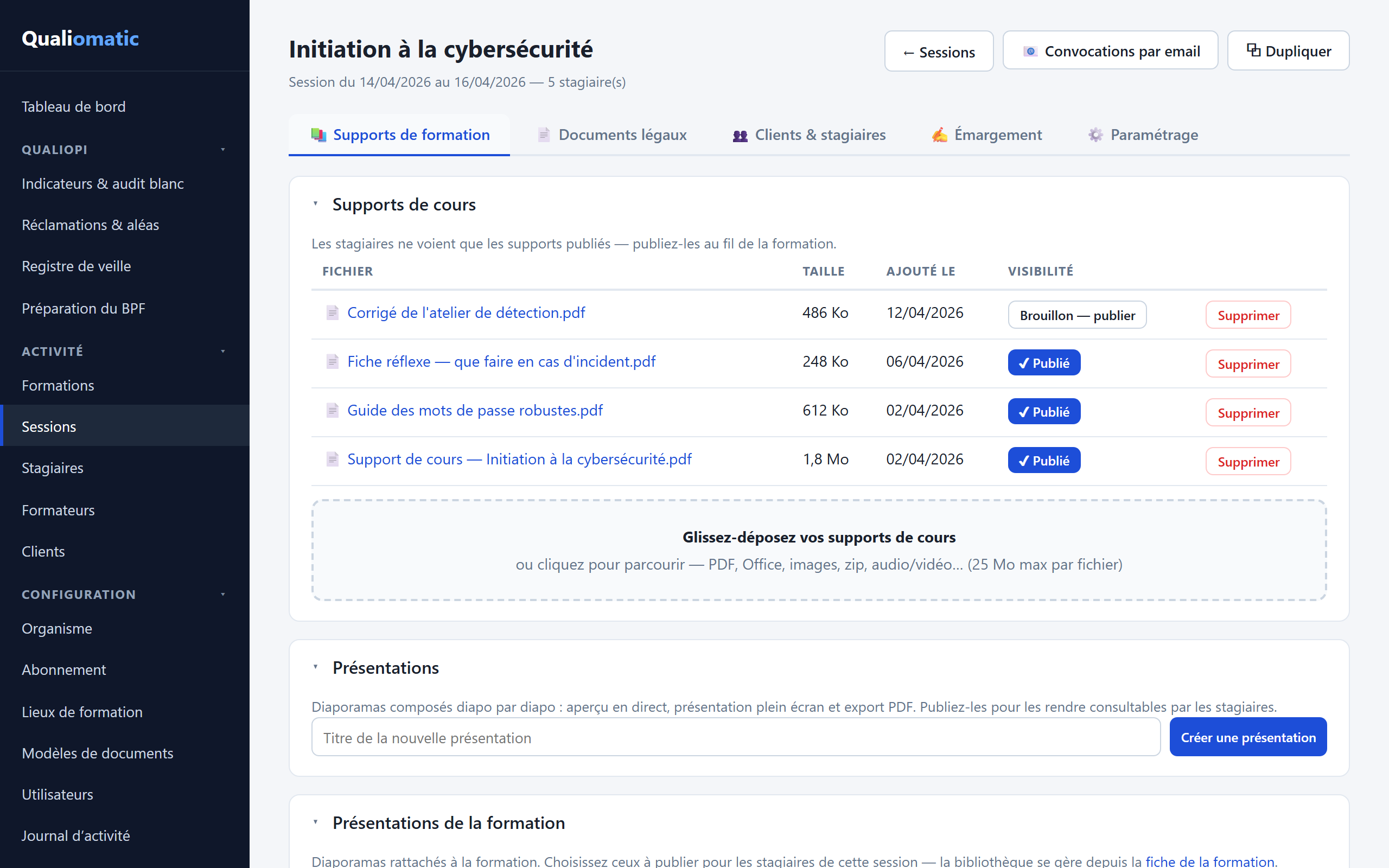 Onglet des supports de cours d’une session, avec leur état de publication